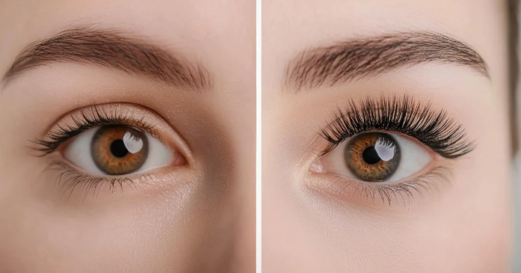 Current image: Before and after results of a Lash Lift Treatment in Charlotte, NC, showing enhanced eyelash curl and volume.