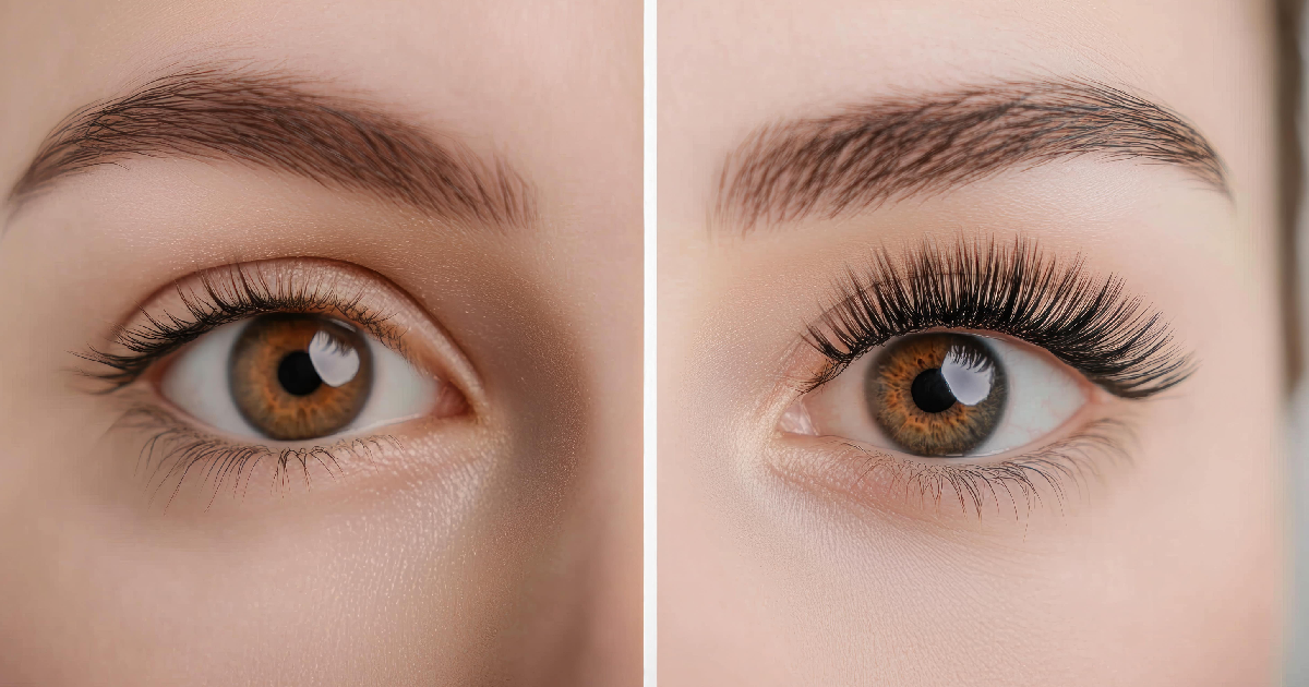 Before and after results of a Lash Lift Treatment in Charlotte, NC, showing enhanced eyelash curl and volume.